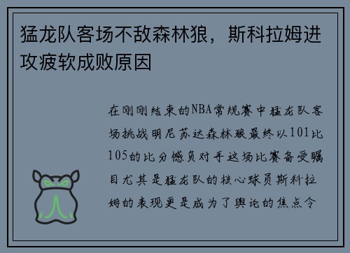 猛龙队客场不敌森林狼，斯科拉姆进攻疲软成败原因